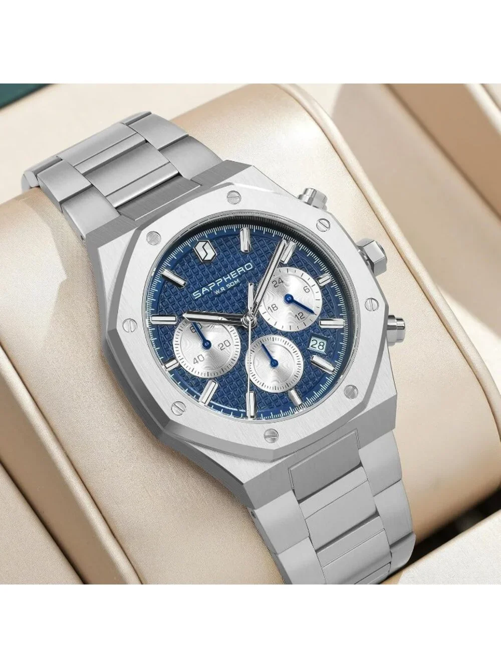 Men's Silver Blue Chronograph Quartz Movement Stainless Steel Luxury Date Watch